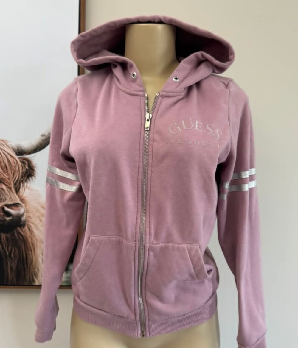 GUESS Mauve Hooded Zip-Up Jacket with Metallic Sleeve Stripes